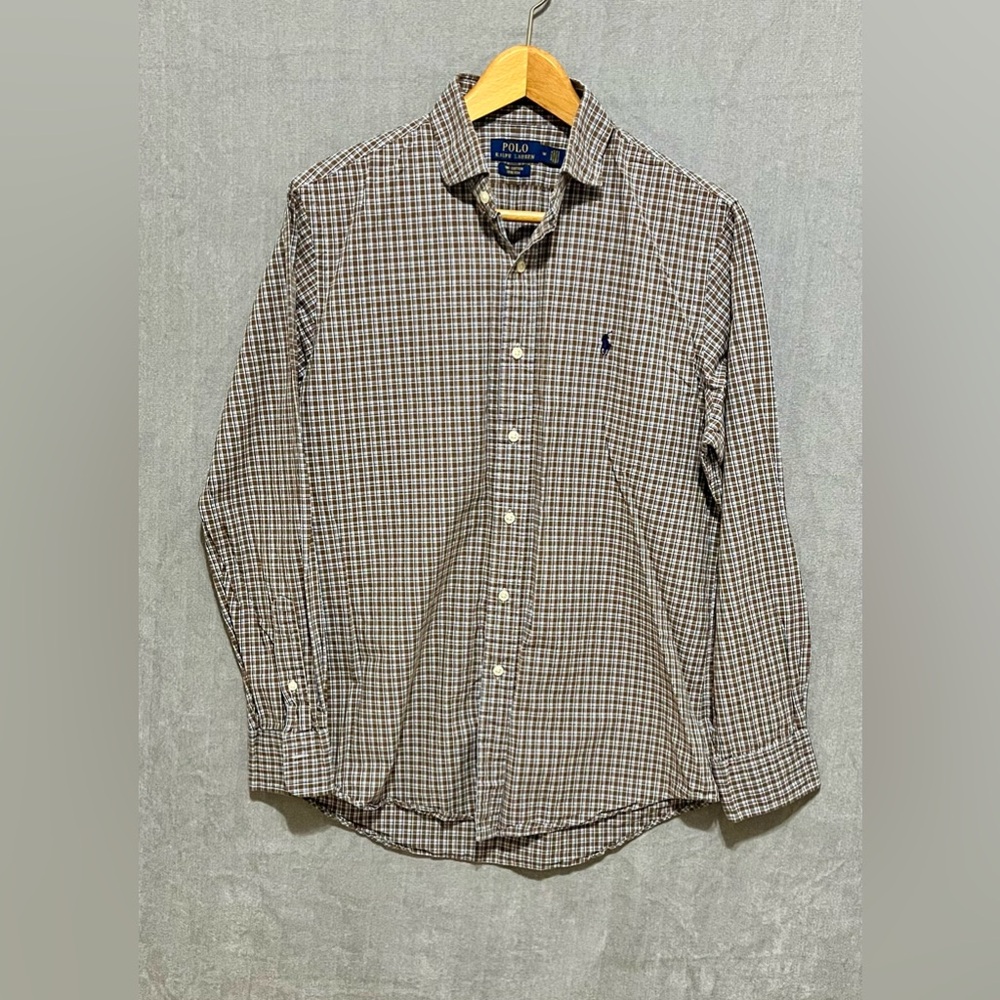 Polo Ralph Lauren Brown‎ Blue Checkered Button Down Shirt Size Medium